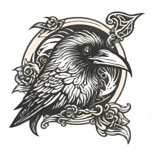 Raven Head In A Crescent Moon
