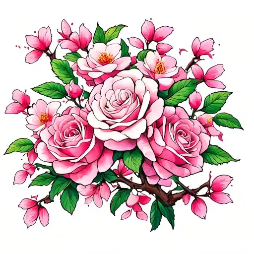 Roses Blooming Cherry Blossom Tree