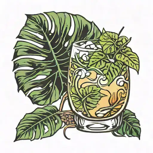 Only One Cocktail Cocktail Glass With A Monstera Plant Vine With Two Leaves