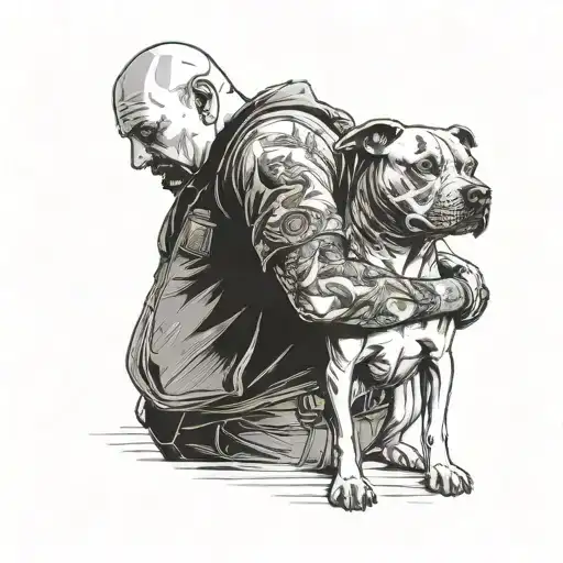 A Father Hugs His Son Holding Hands And A Pitbull Dog Secures Them