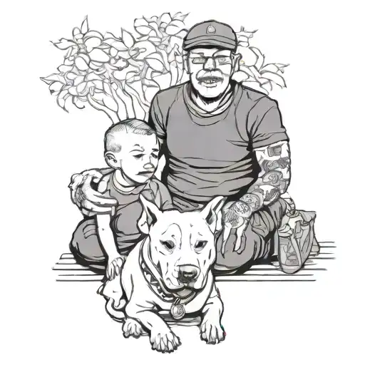 A Father And Son Sit Together With A Pitbull Dog