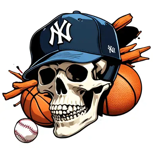 Skeleton With Baseball And Basketball With A New York Yankees Hat