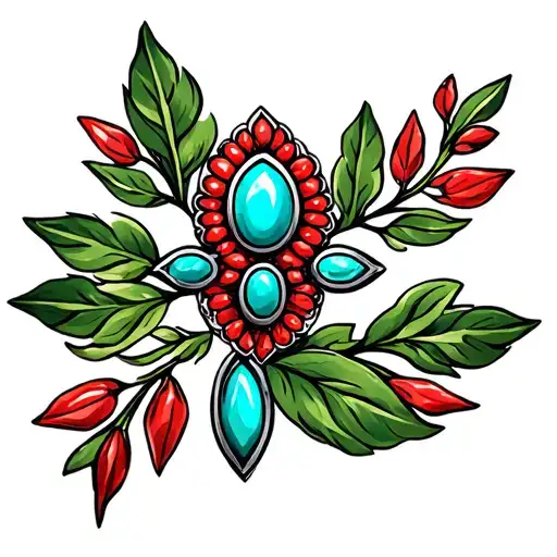 Western Turquoise And Red Jewlery With Green Leaves