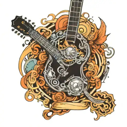 A Guitar With Cosmic Elements And Time Travel Symbols Intertwined In The Design