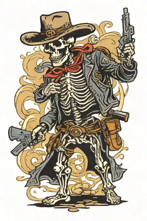 Full Body Skeleton Western Gun Slinger With A Mustache And One Arm Behind Back