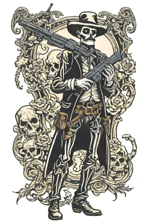 Full Body Tall Skinny Skeleton Western Gun Slinger With A Mustache And One Arm Behind Back