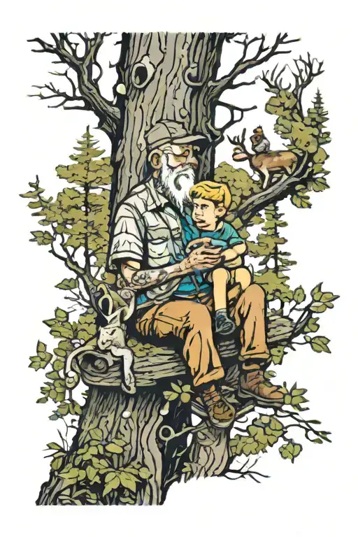 Boy And His Grandpa In The Woods Sitting In A Tree Stand Hunting Deer