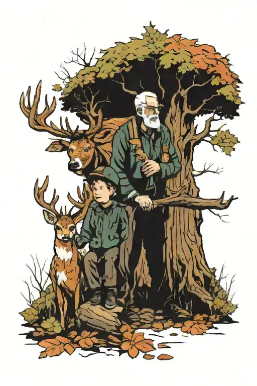 Boy And His Grandpa In The Woods Sitting In A Tree Stand Hunting Deer
