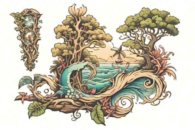 Leg Sleeve Tattoo Featuring Ocean And Forest