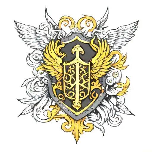 Shield With Crossed Swords On Phoenix Wings