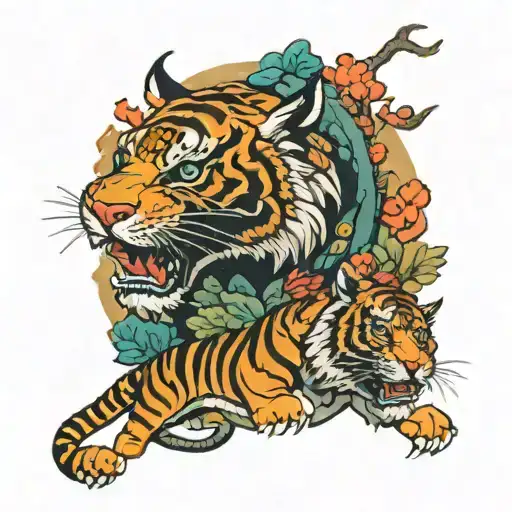 Korean Tiger With Forest Scene And Dragon Above His Head