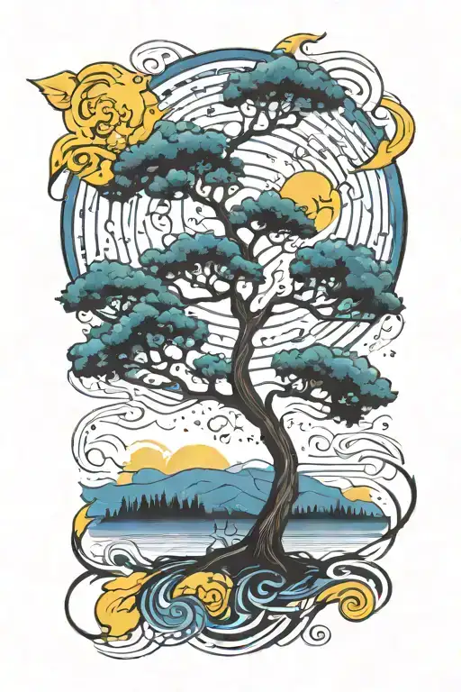 Wind Blowing Musical Notes Through A Will Tree With A Blue Sun And Yellow Sky