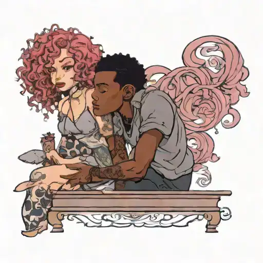 Girl With Curly Mauve Hair And Tall Black Boy Sitting On A Table