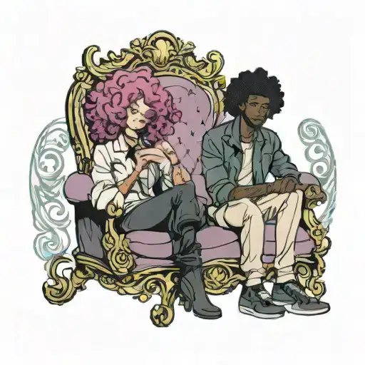 Girl With Curly Mauve Hair And Tall Black Boy Sitting In Fancy Chair