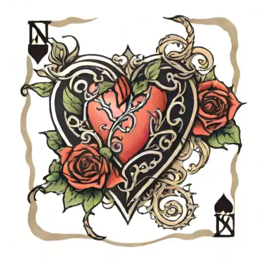 Heart Covered With A Rose And Thorns On A Playing Card