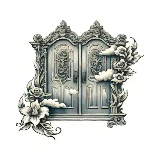 A Realistic Tattoo Of A Double Door Open To Heaven With Detailed Designs On Door Panels