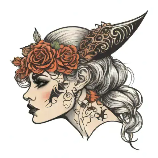 Halloween Beautiful Woman Profile Face Tattoo Designs Realistic White Background