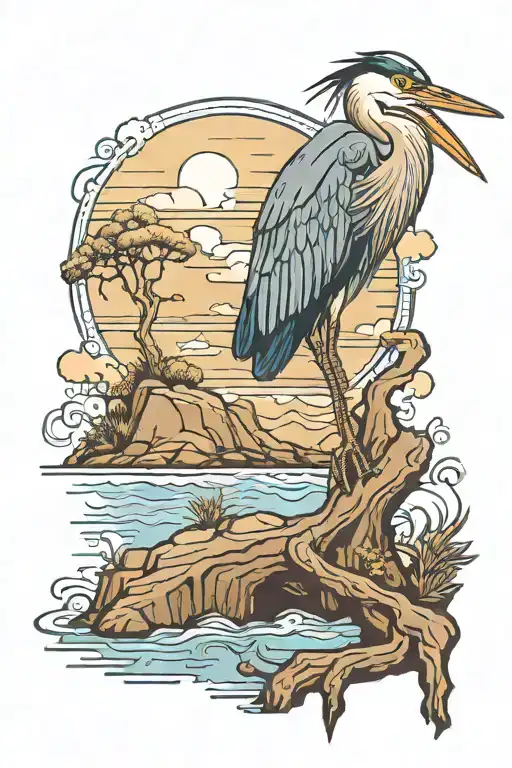 Blue Heron Bird On A Cliff Overlooking The Ocean Scene With Inititals Kp Hidden Somewhere