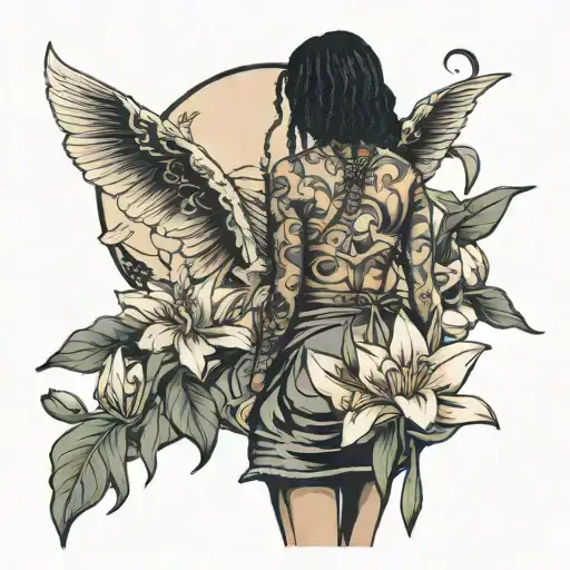 A Young Black Girl From The Back Playing In The Road In The Countryside With Lillies