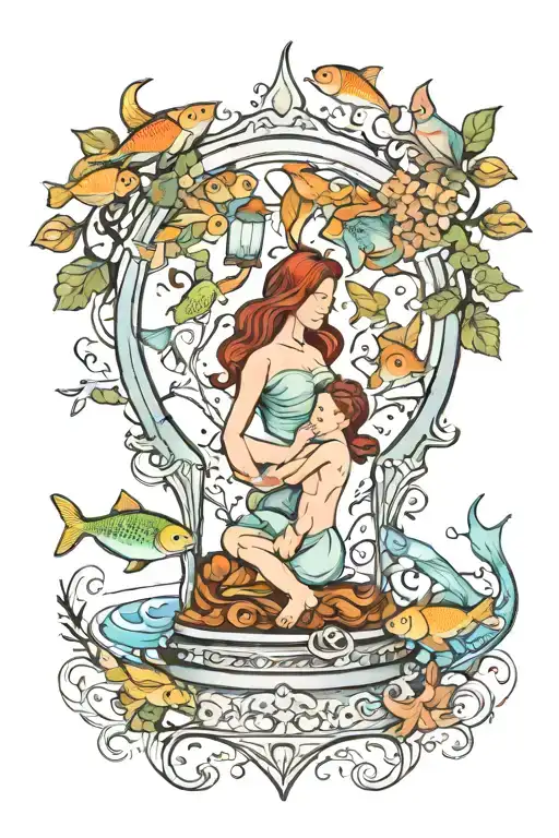 Hour Glass Family Mother And Kids Inside Surrounded By Pisces Fish And The Tree Of Life