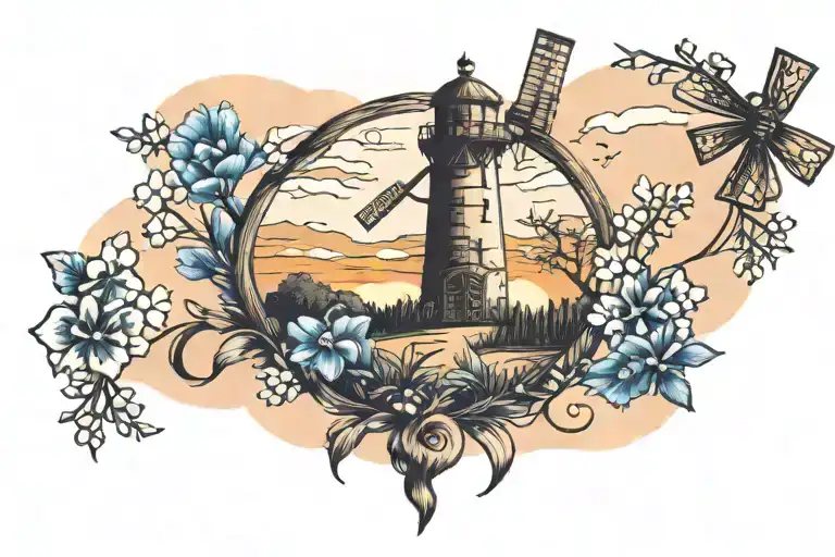 Bluebonnet And Windmill Tower With Sunset