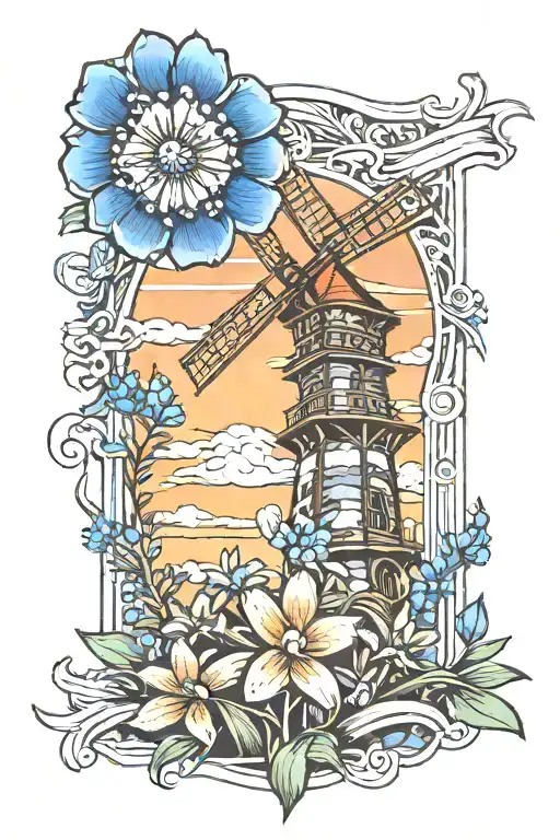 Bluebonnet And Windmill Tower With Sunset