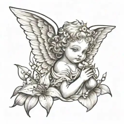 Cherub Angel Holding A Lilly Of The Valley Sketch Black And White No Shading Or Colour