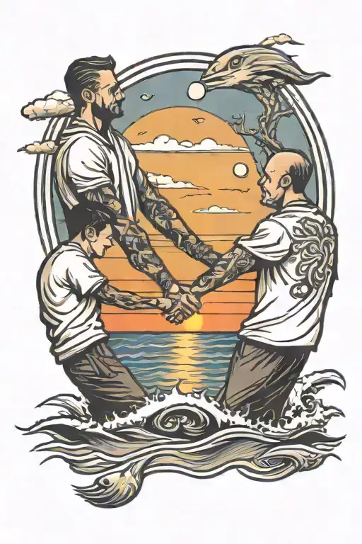 Father And Sons Holding Hands At The Beach Looking At Sunset