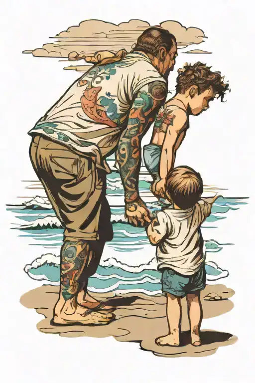 Father And Toddler Child Holding Hands With Back Turned Looking At The Sea On A Beach
