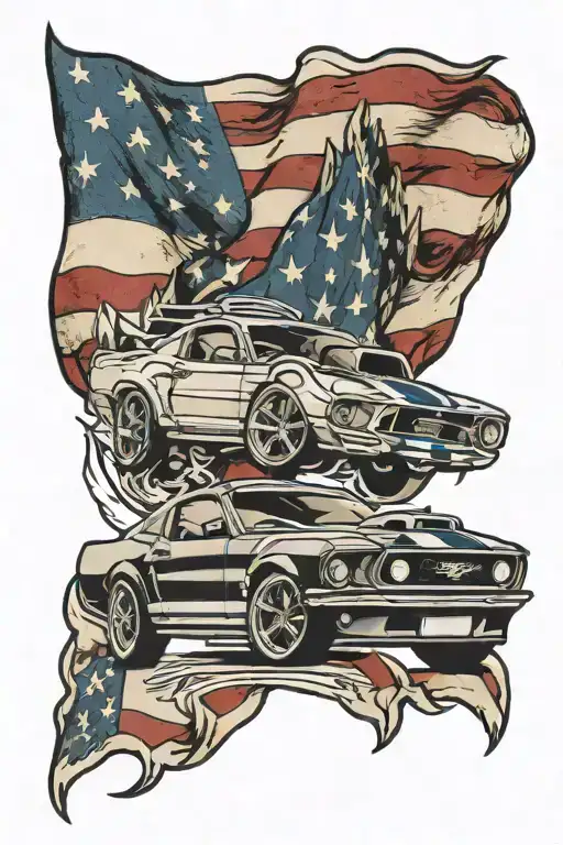 Ford Mustang Logo In Front Of American Flag Cut Diagonally
