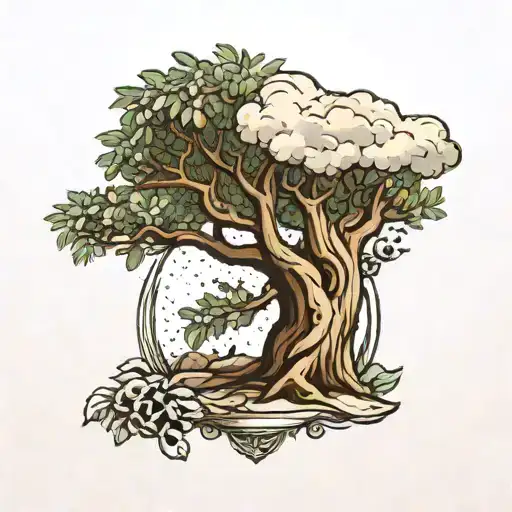 Olive Tree With Midevil Sheild Leaning Against Trunk With Clouds And Stars In The Backround