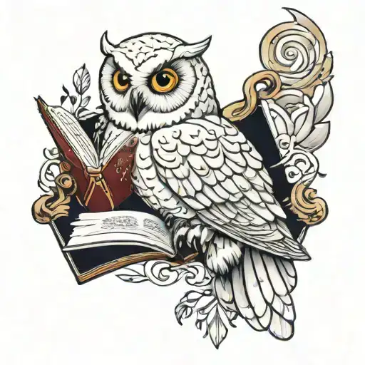 Snow Owl Holding Open Book Surrounded
