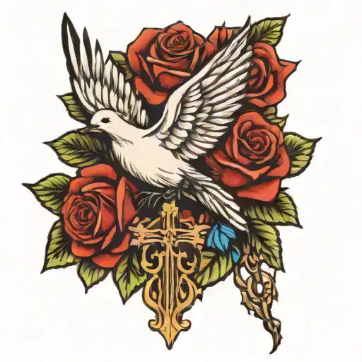 Dove And Roses With A Cross