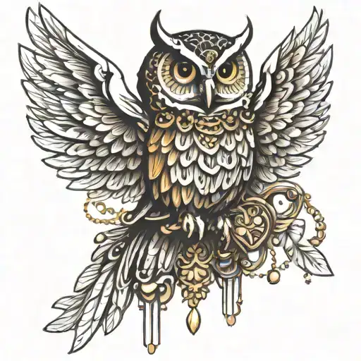 Design A Tattoo Of An Owl With Its Wings Adorned With Gold Jewellery