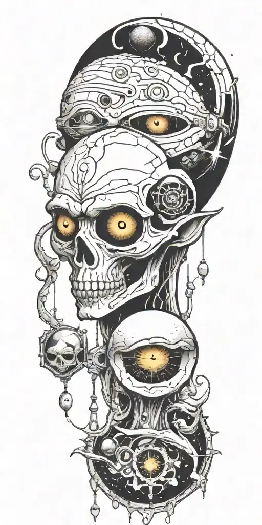 Trippy Tattoo Design Incorporating Extra Terrestrial Elements Of Darkness