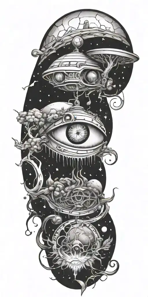 Trippy Tattoo Design Incorporating Extra Terrestrial Elements Of Darkness