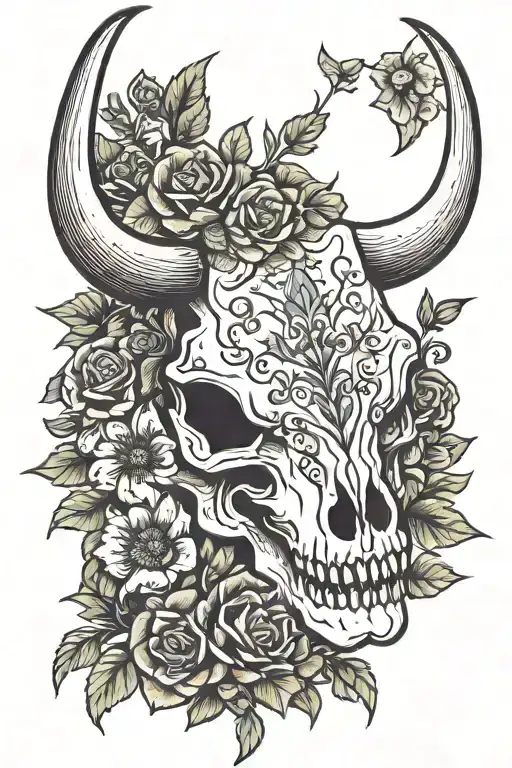 Bull Skull With Colored Flowers