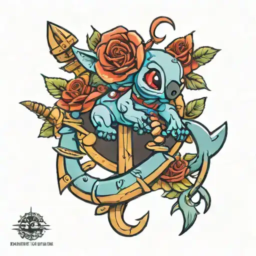 Stitch Sitting On Anchor With Roses Intertwined