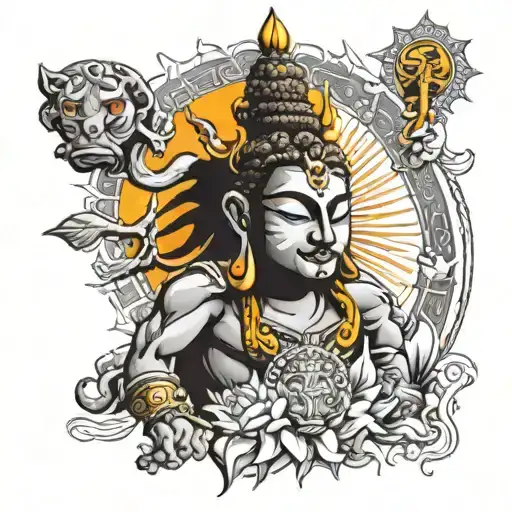 Modern Shiva Tattoo With Lord Buddha And Ravana's Muscle Body And Sun
