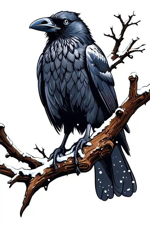 Raven Perched In Oak Tree With Snow Falling