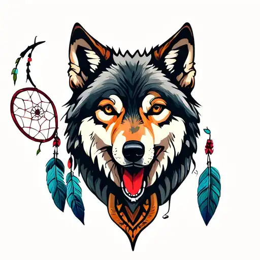 Dreamcatcher Featuring A Wolf On The Right Hand Side