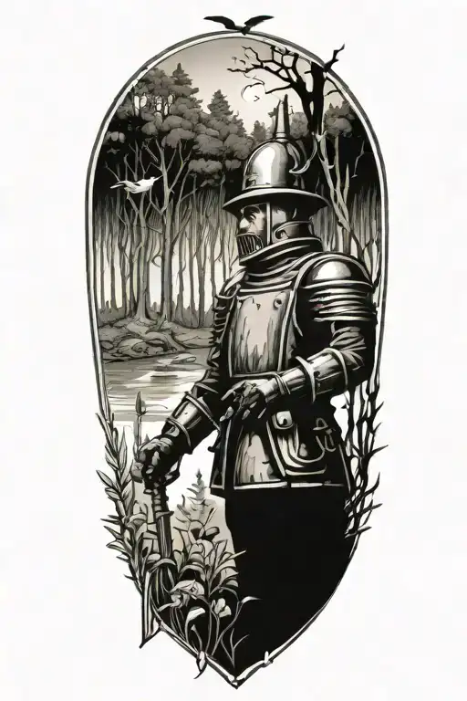 A Tattoo Showcasing A Tin Man Working In A Forest Filled With Crows