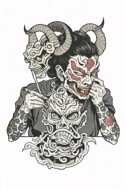 Woman Removing An Oni Mask
