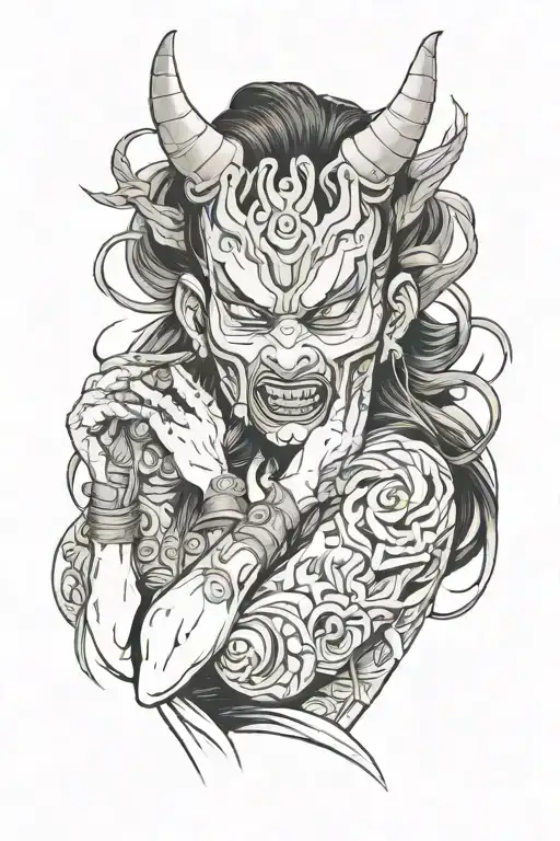 Woman Removing An Oni Mask