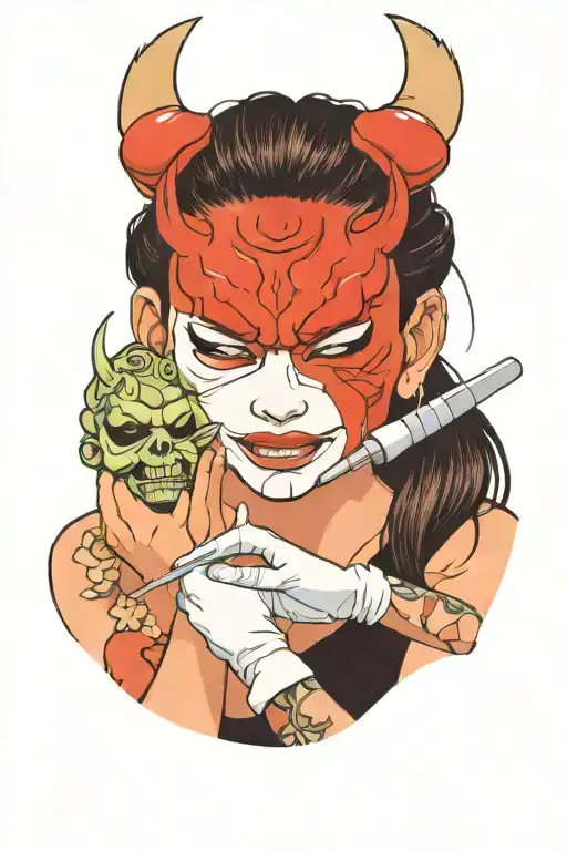 Woman Removing An Oni Mask