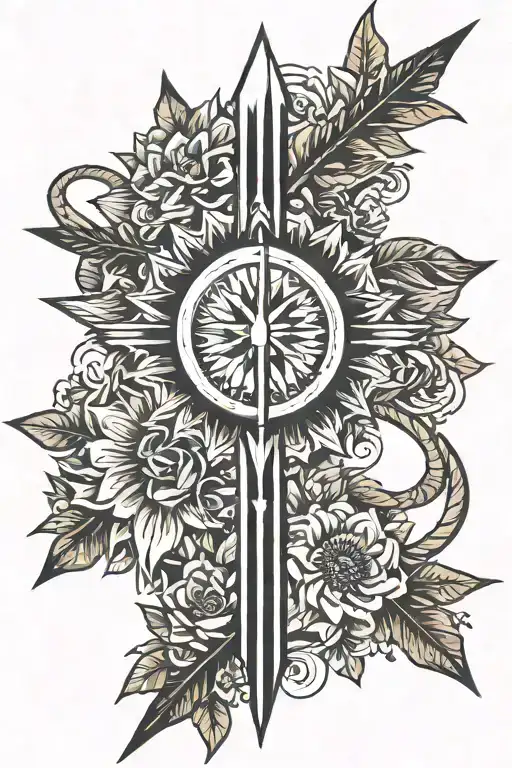 Western Spine Tattoo With Arrow Sun And Flowers