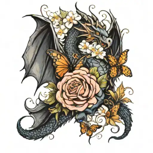 Flowers And Butterflies With A Dragon Wrapped