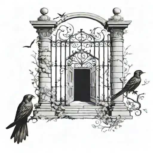 Stair Way To Heaven Gates With Cross And Birds