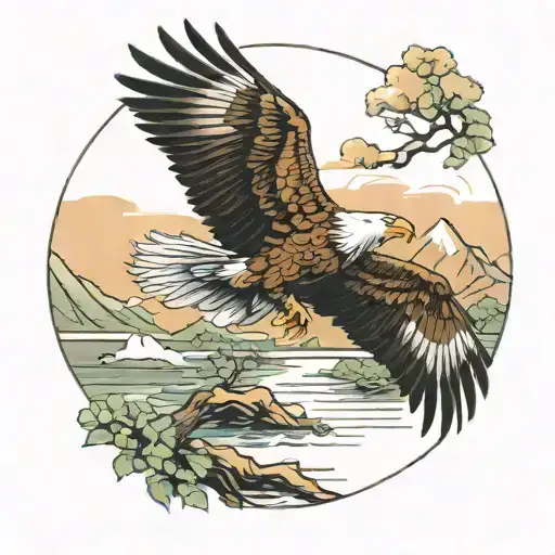 A Majestic Eagle Soaring Above A Serene River Surrounded By Lush Woods And Mountains