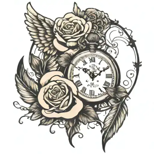 Portrait And Feathers Falling Angel Wing Rose Pocket Watch